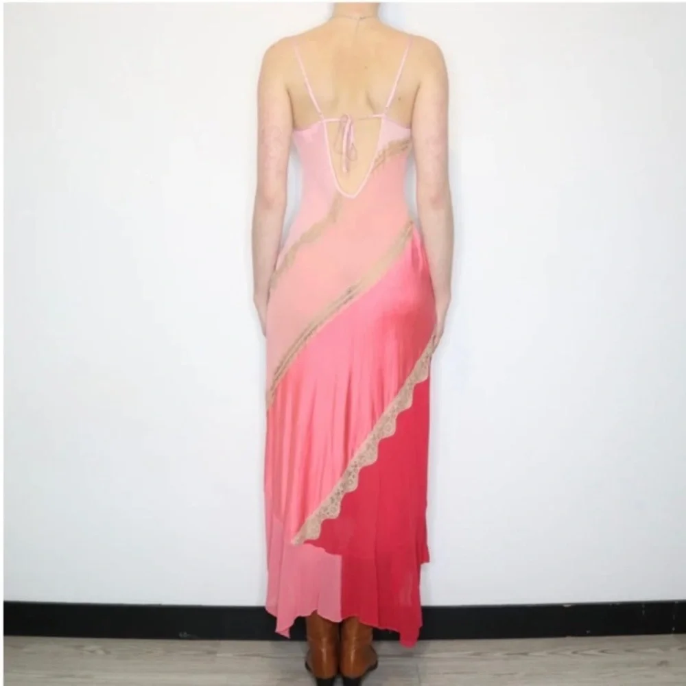 Vintage 90’s Y2K 100% Silk Slip Dress Cowl Boho Sheer Lace Backless Belladonna - Picture 14 of 16